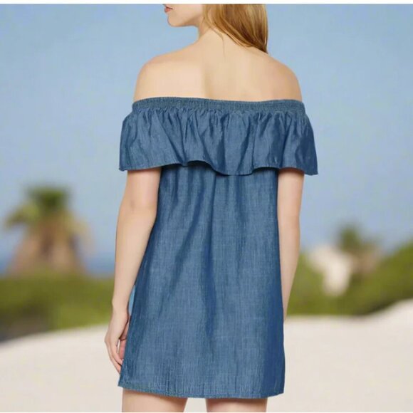 Joie Off the Shoulder Mini Dress XS Blue Chambray Cotton Lyocell Nilima Summer - Picture 8 of 9